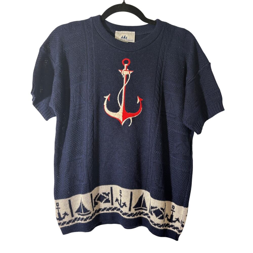 Bay Point Threads Women Sweater Size L Nautical Anchor Boat Short Sleeve Vintage